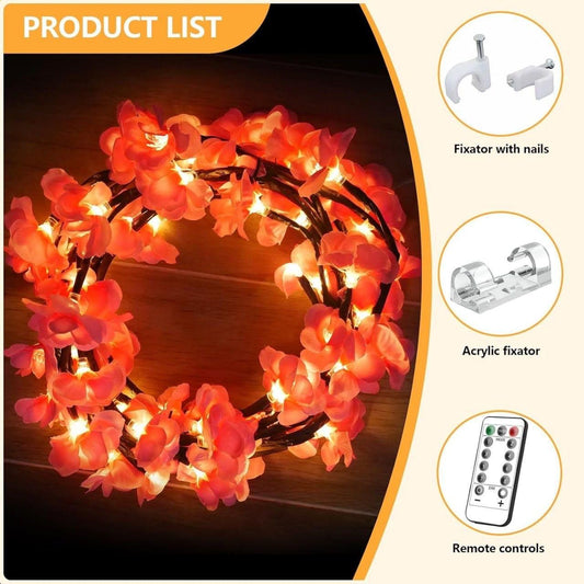 Decorative string lights with floral design on a dark background, featuring fixators and remote controls.