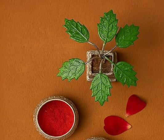 Decorative wall piece with green leaves and red powder on an orange background