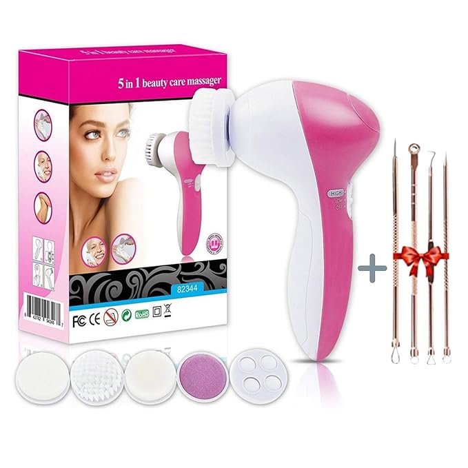 Pink and white beauty care massager with packaging and attachments on a white background