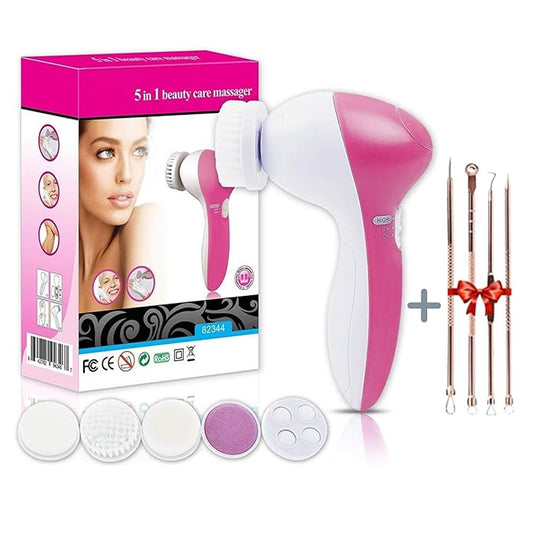 Pink and white beauty care massager with packaging and attachments on a white background