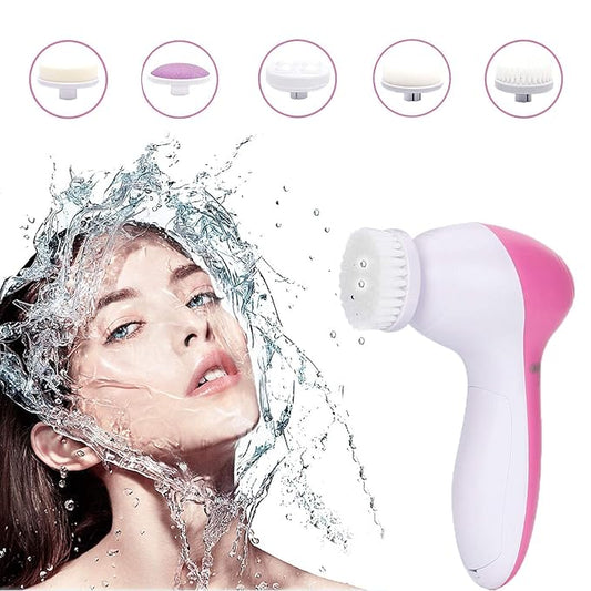 Facial cleansing device with water splashes and product head illustrations on a white background