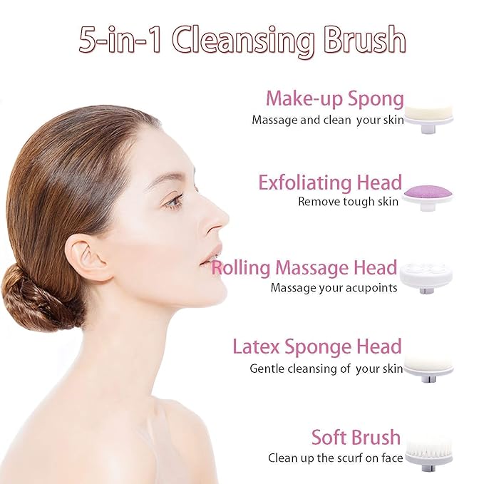 5-in-1 cleansing brush with a woman's profile and feature descriptions on a white background