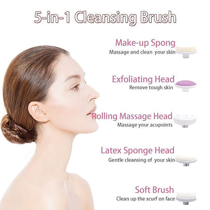 5-in-1 cleansing brush with a woman's profile and feature descriptions on a white background