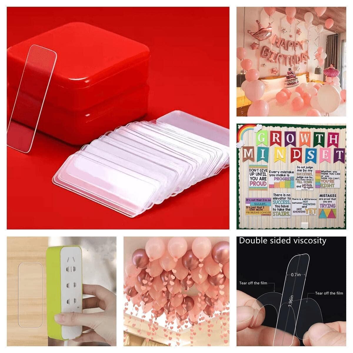 Collage of various products including a red box, clear phone screen protector, white cards, balloons, a motivational poster, a green device, and a black viscometer.