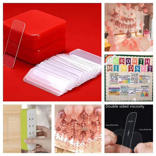 Collage of various products including a red box, clear phone screen protector, white cards, balloons, a motivational poster, a green device, and a black viscometer.