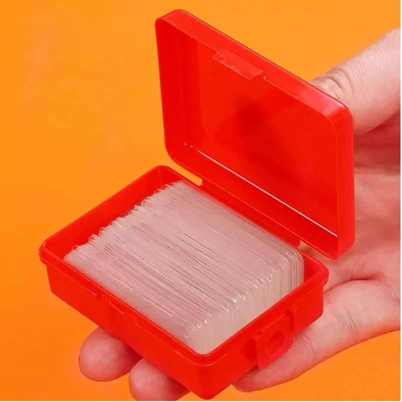 Red box with clear plastic sheets held by a hand on an orange background