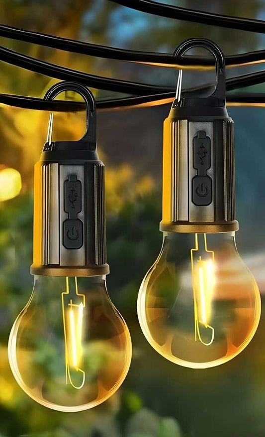 Two illuminated outdoor string lights with visible wiring against a blurred natural background.