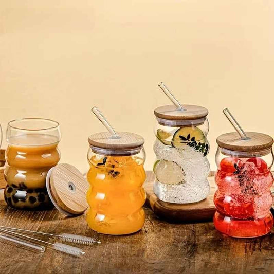 Wave Shape Glass with Wooden Cap – Premium Drinking Glass