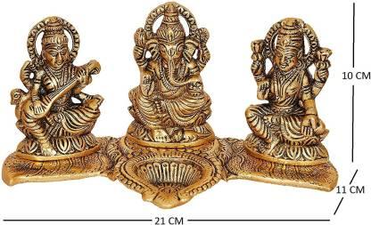 Three bronze神像 statues on a black background with measurements indicated.