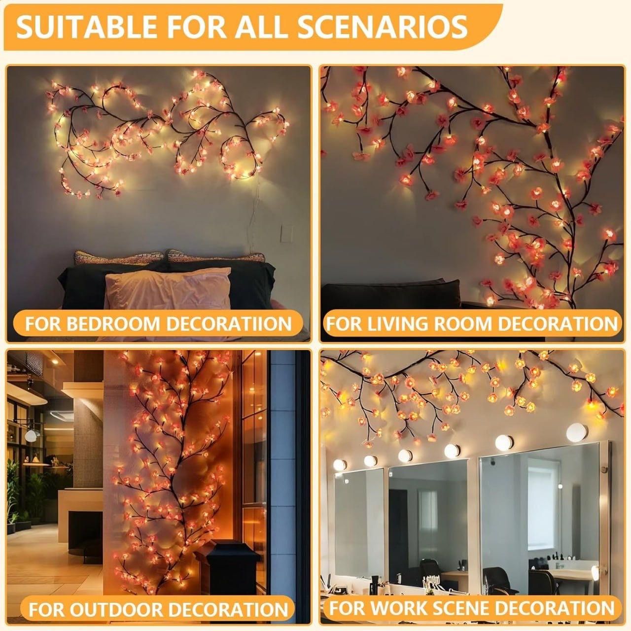Decorative string lights shown in various settings including bedroom, living room, outdoor, and work scene.