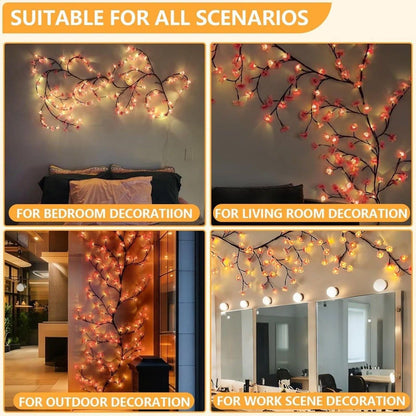 Decorative string lights shown in various settings including bedroom, living room, outdoor, and work scene.