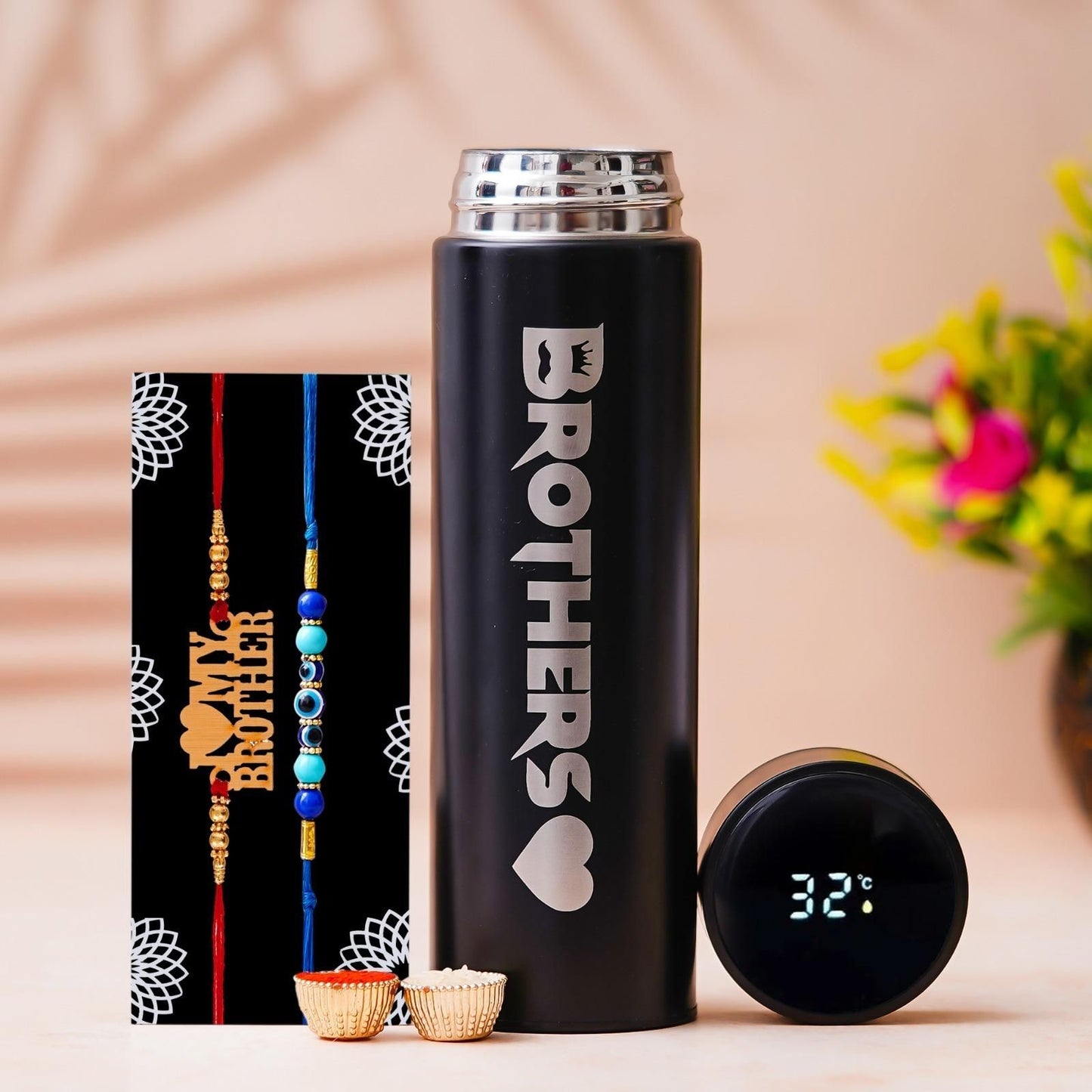 Brother Rakhi Gift Set – Temp Bottle with 2 Rakhis