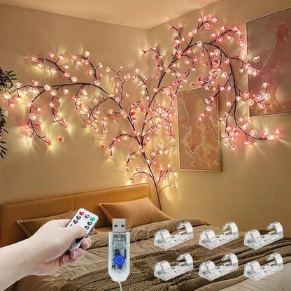 Decorative string lights with remote control on a bed in a bedroom setting.