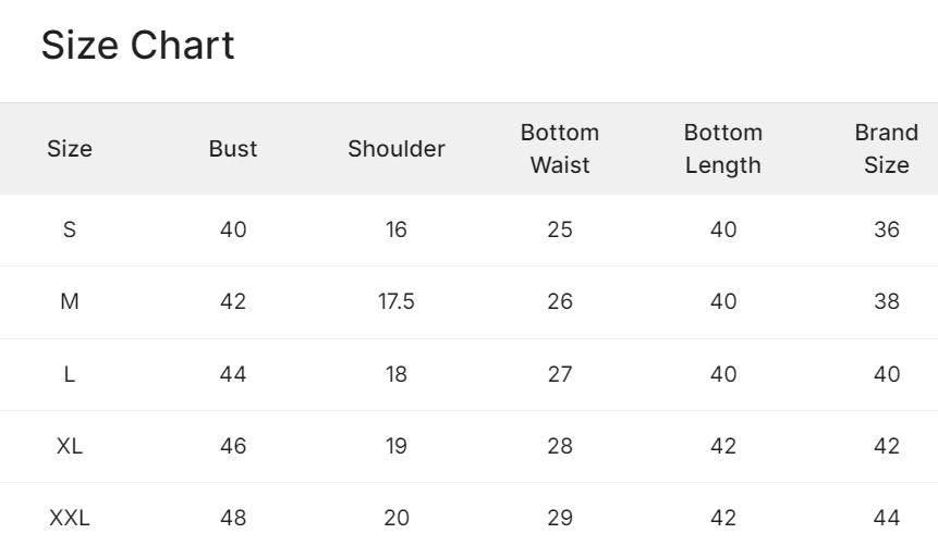 Size chart for clothing with measurements in centimeters and brand size equivalents.
