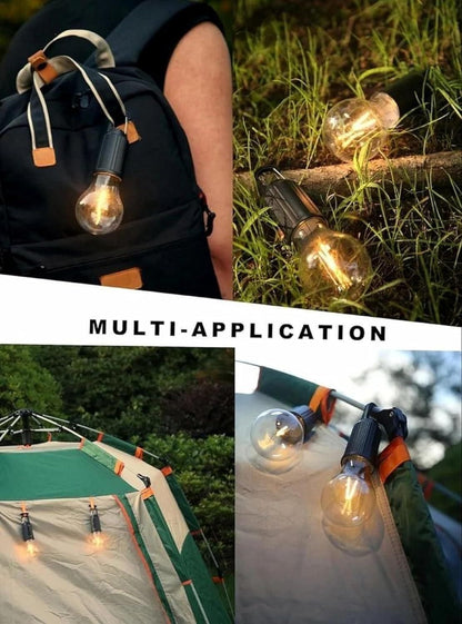 Collage of LED light bulbs used in various settings including a backpack, outdoor setup, and tent.
