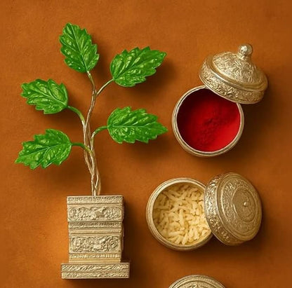 Decorative items including a green leafy branch, red powder, and gold containers on an orange background