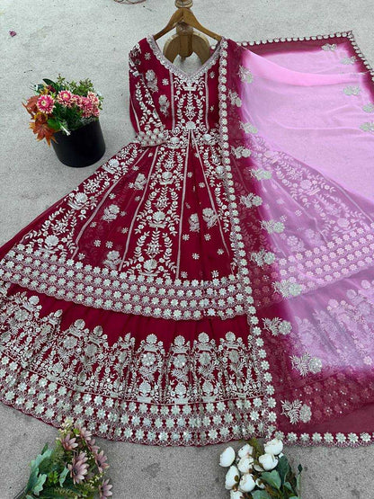 Maroon Faux Georgette Lehenga Set – Sequin Work Top, Dupatta & Lehanga