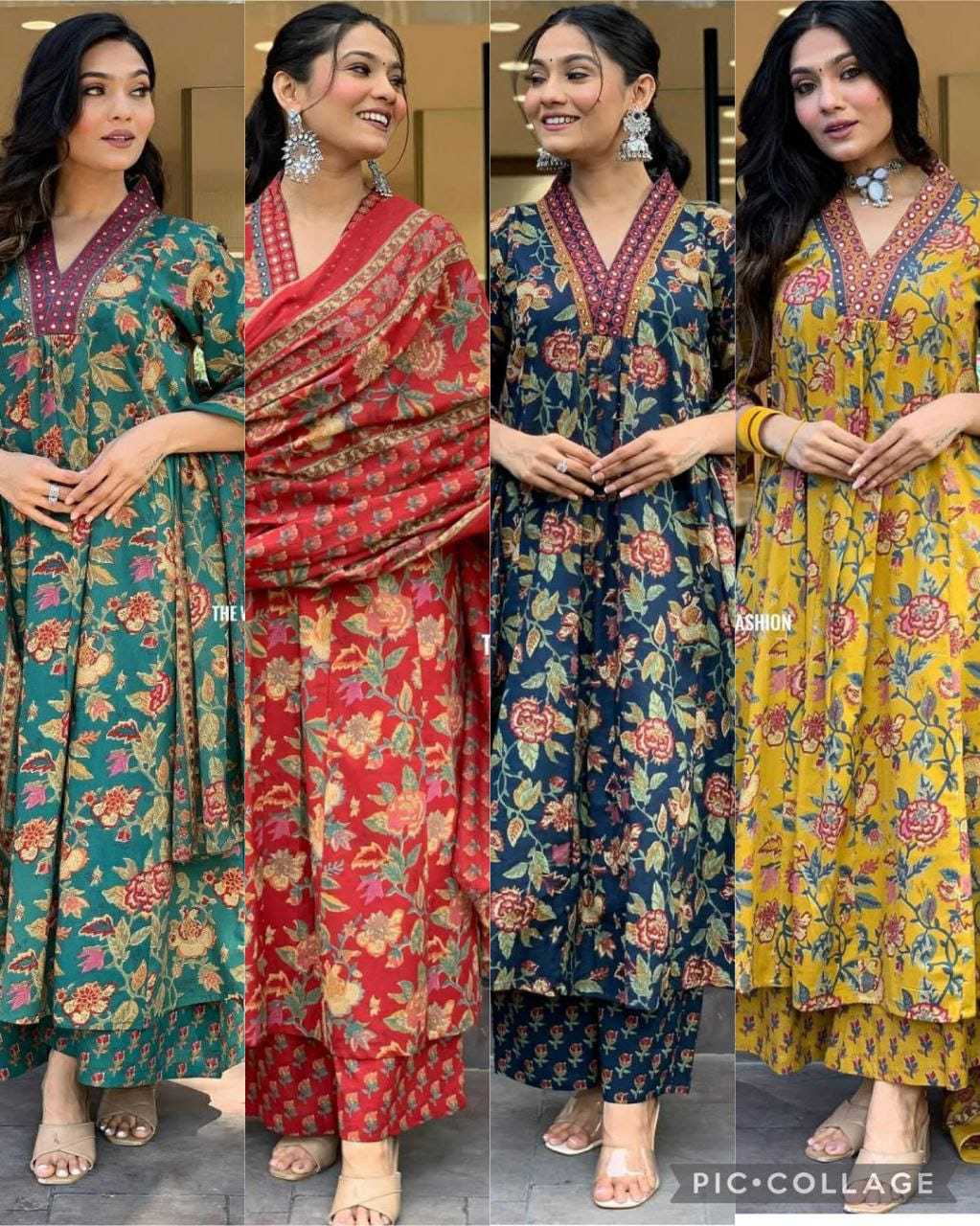 Keeva Floral Handblock Print Suit Set – Heavy Rayon Kurta, Bottom & Chanderi Dupatta