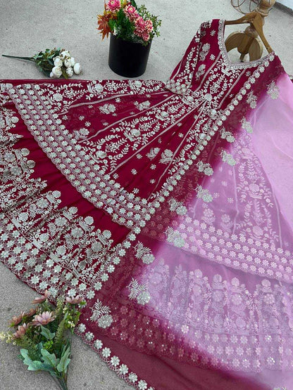 Maroon Faux Georgette Lehenga Set – Sequin Work Top, Dupatta & Lehanga