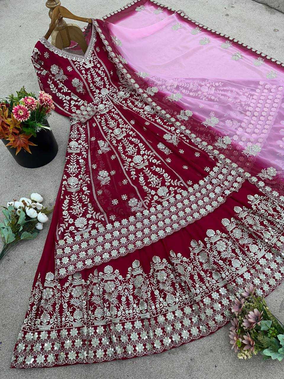 Maroon Faux Georgette Lehenga Set – Sequin Work Top, Dupatta & Lehanga