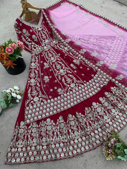 Maroon Faux Georgette Lehenga Set – Sequin Work Top, Dupatta & Lehanga