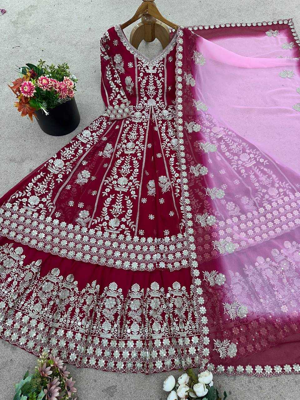 Maroon Faux Georgette Lehenga Set – Sequin Work Top, Dupatta & Lehanga
