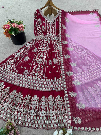 Maroon Faux Georgette Lehenga Set – Sequin Work Top, Dupatta & Lehanga