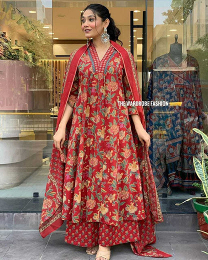 Keeva Floral Handblock Print Suit Set – Heavy Rayon Kurta, Bottom & Chanderi Dupatta