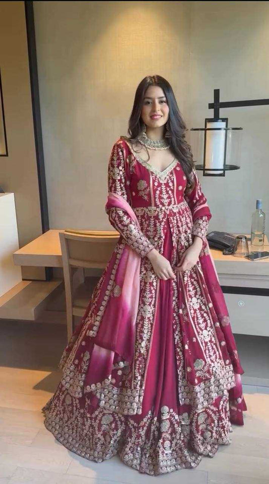 Maroon Faux Georgette Lehenga Set – Sequin Work Top, Dupatta & Lehanga