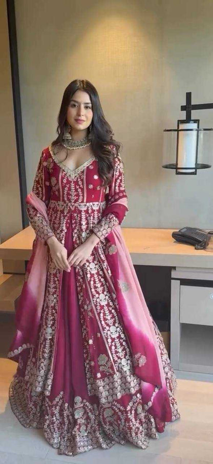 Maroon Faux Georgette Lehenga Set – Sequin Work Top, Dupatta & Lehanga