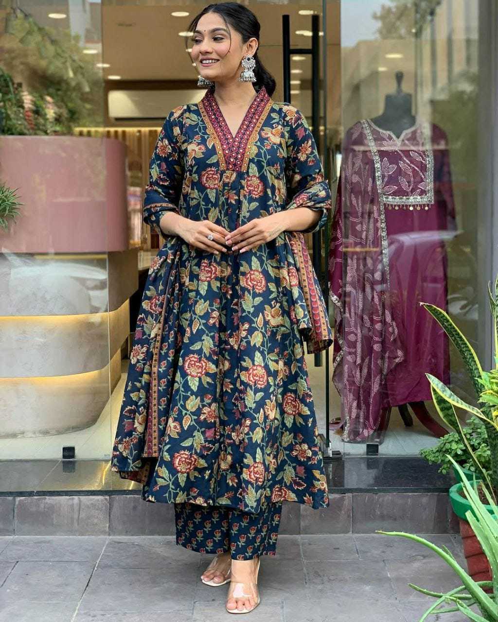 Keeva Floral Handblock Print Suit Set – Heavy Rayon Kurta, Bottom & Chanderi Dupatta