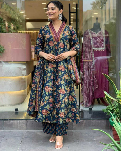 Keeva Floral Handblock Print Suit Set – Heavy Rayon Kurta, Bottom & Chanderi Dupatta