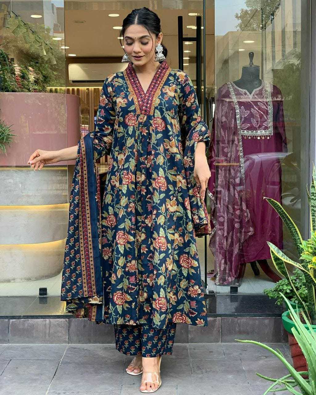 Keeva Floral Handblock Print Suit Set – Heavy Rayon Kurta, Bottom & Chanderi Dupatta