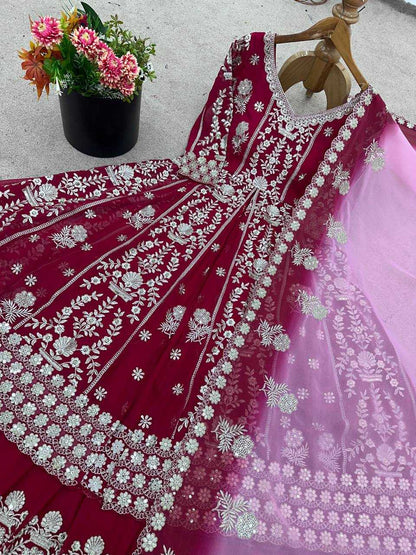 Maroon Faux Georgette Lehenga Set – Sequin Work Top, Dupatta & Lehanga