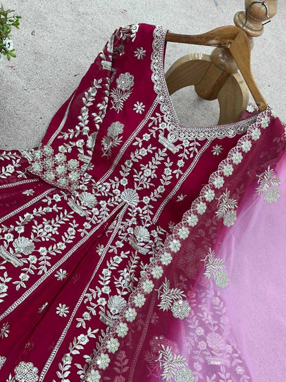 Maroon Faux Georgette Lehenga Set – Sequin Work Top, Dupatta & Lehanga