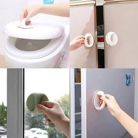 Collage of a white safety latch being used on various surfaces including a toilet, cabinet, window, and refrigerator.