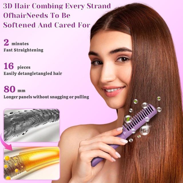 Woman using a hair straightening tool with text on a pink background