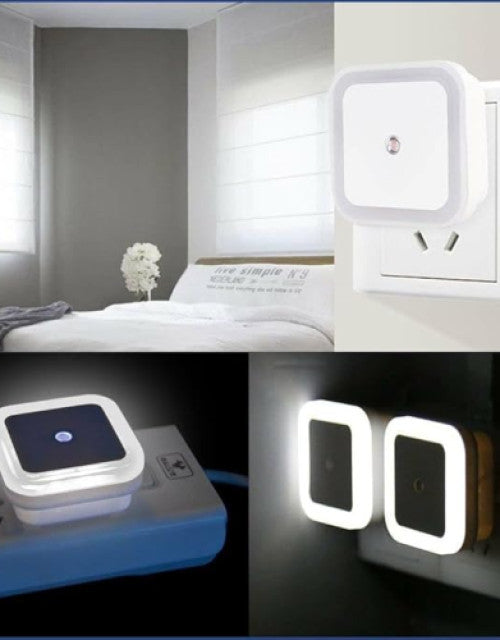 Collage of night light devices in a bedroom setting