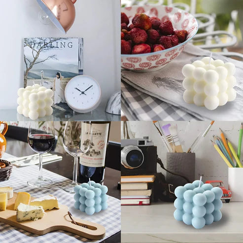Collage of decorative candles in various settings with a clock, wine, and books.