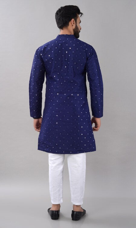 Villain Men’s Silk Blend Kurta with Mandarin Collar & Mirror Work
