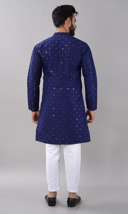 Villain Men’s Silk Blend Kurta with Mandarin Collar & Mirror Work