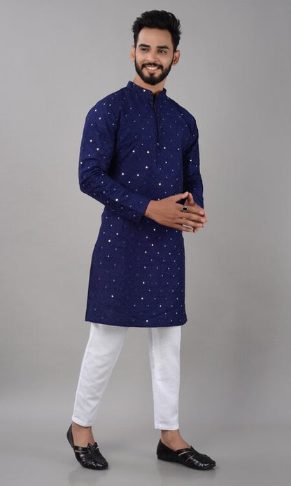 Villain Men’s Silk Blend Kurta with Mandarin Collar & Mirror Work