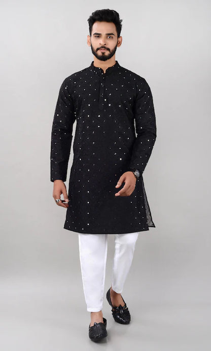 Villain Men’s Silk Blend Kurta with Mandarin Collar & Mirror Work