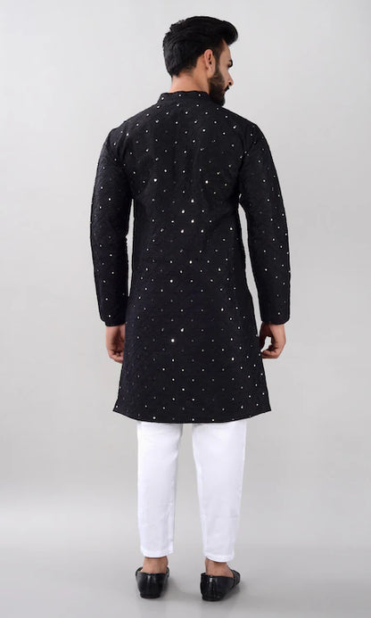 Villain Men’s Silk Blend Kurta with Mandarin Collar & Mirror Work