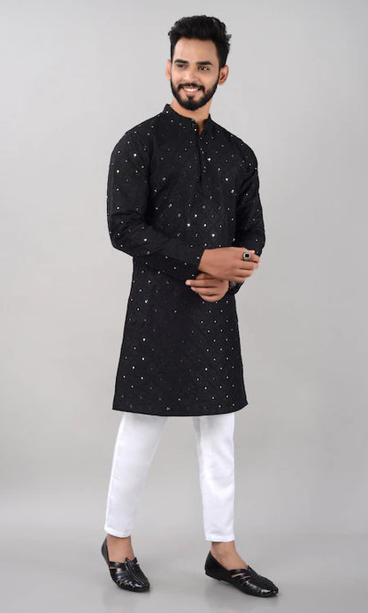 Villain Men’s Silk Blend Kurta with Mandarin Collar & Mirror Work
