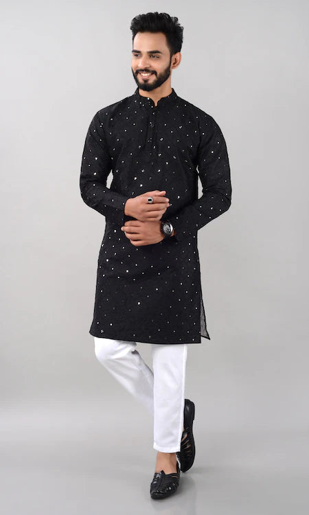Villain Men’s Silk Blend Kurta with Mandarin Collar & Mirror Work