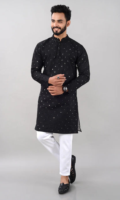 Villain Men’s Silk Blend Kurta with Mandarin Collar & Mirror Work