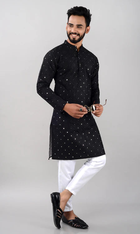 Villain Men’s Silk Blend Kurta with Mandarin Collar & Mirror Work