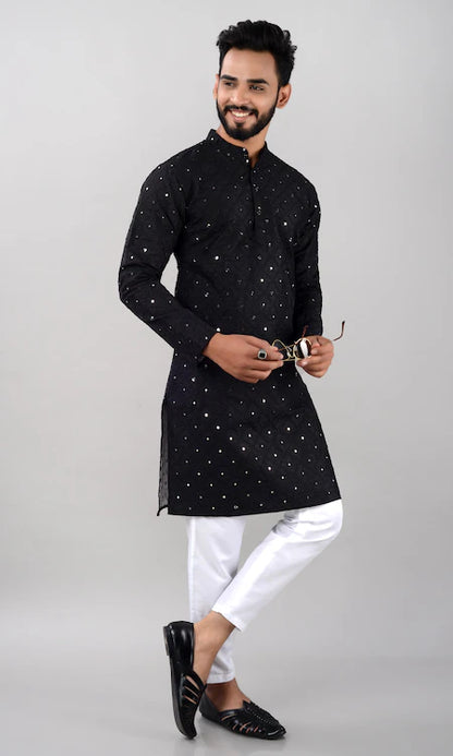 Villain Men’s Silk Blend Kurta with Mandarin Collar & Mirror Work